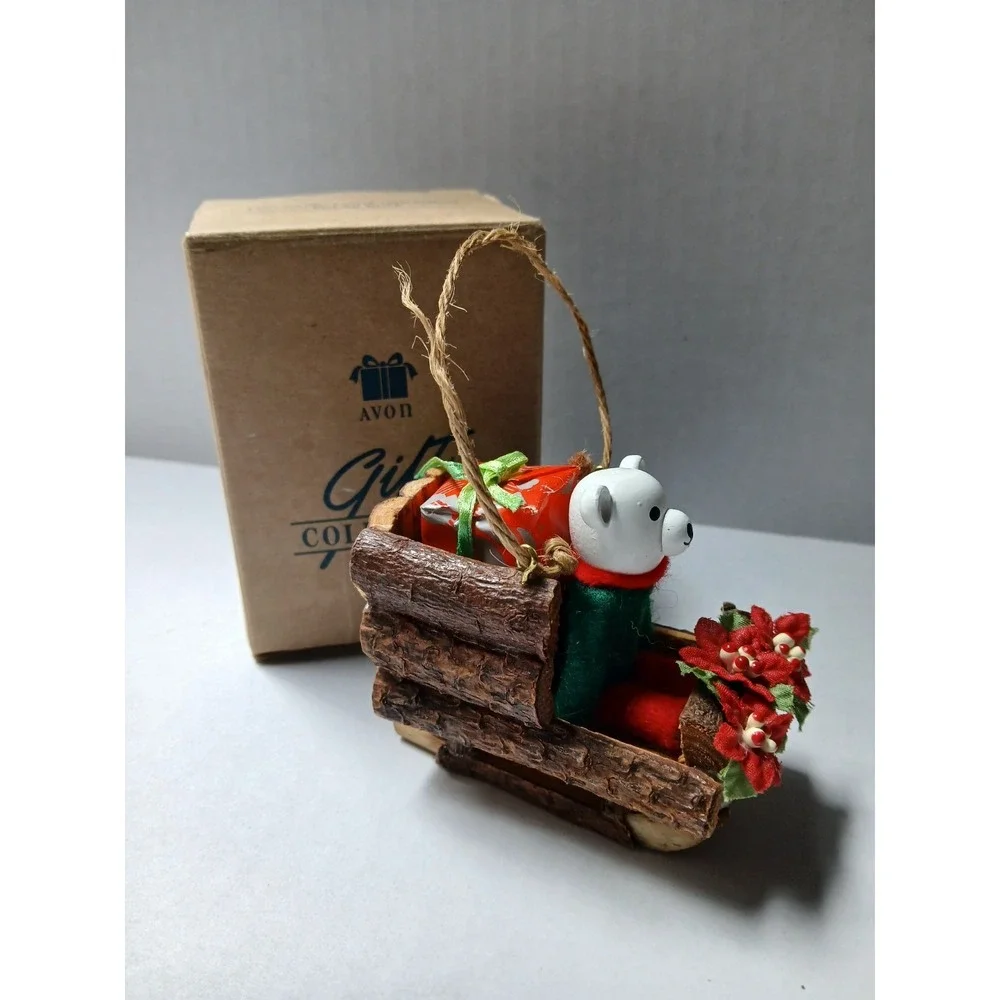 Avon Log Cabin Cutie Polar Bear Sled Christmas Tree Ornament Holiday Vintage Box